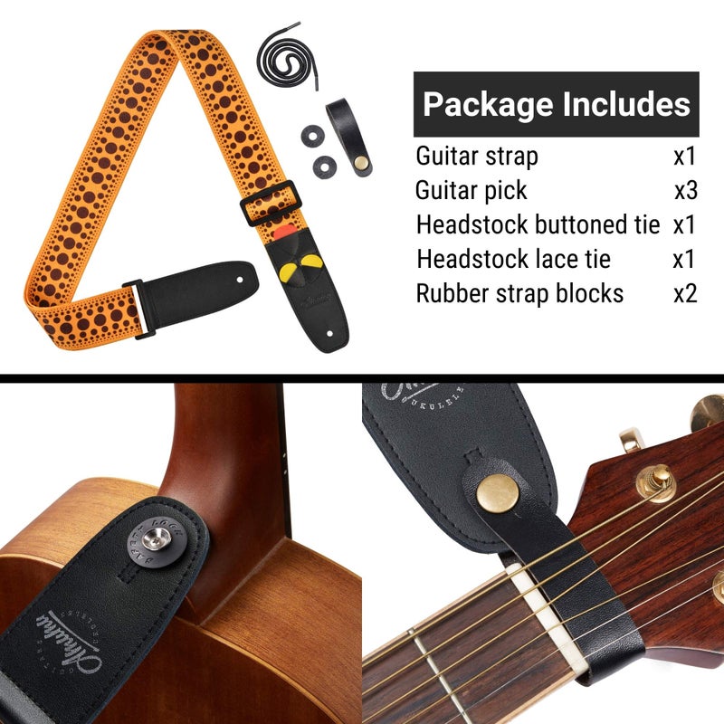 Amumu Polka Dots Guitar Strap with 3 pick holders for Acoustic, Electric, Bass Guitars - Orange - Image 2